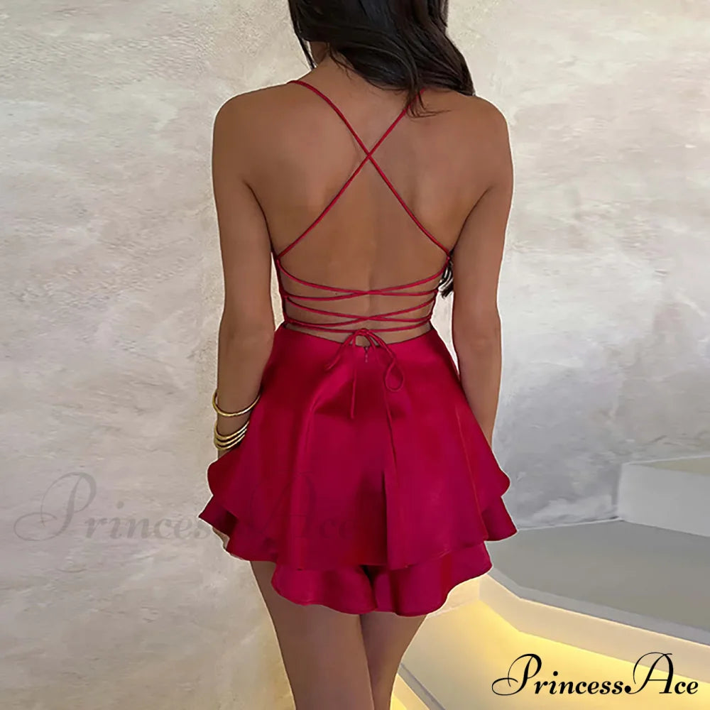 Elegant Sexy Backless Ruffled Halter Red Skirt Summer Evening Party Christmas Dress Dresses-L