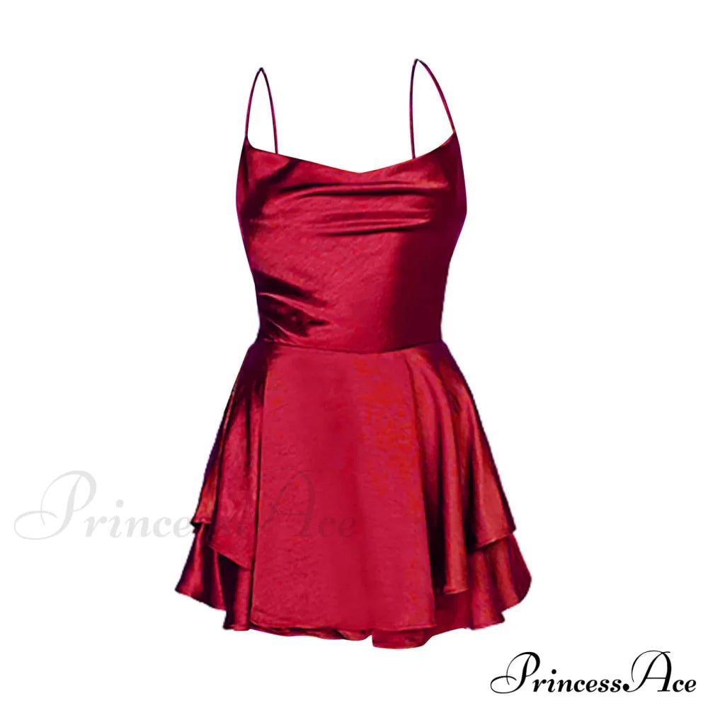 Elegant Sexy Backless Ruffled Halter Red Skirt Summer Evening Party Christmas Dress Dresses-L