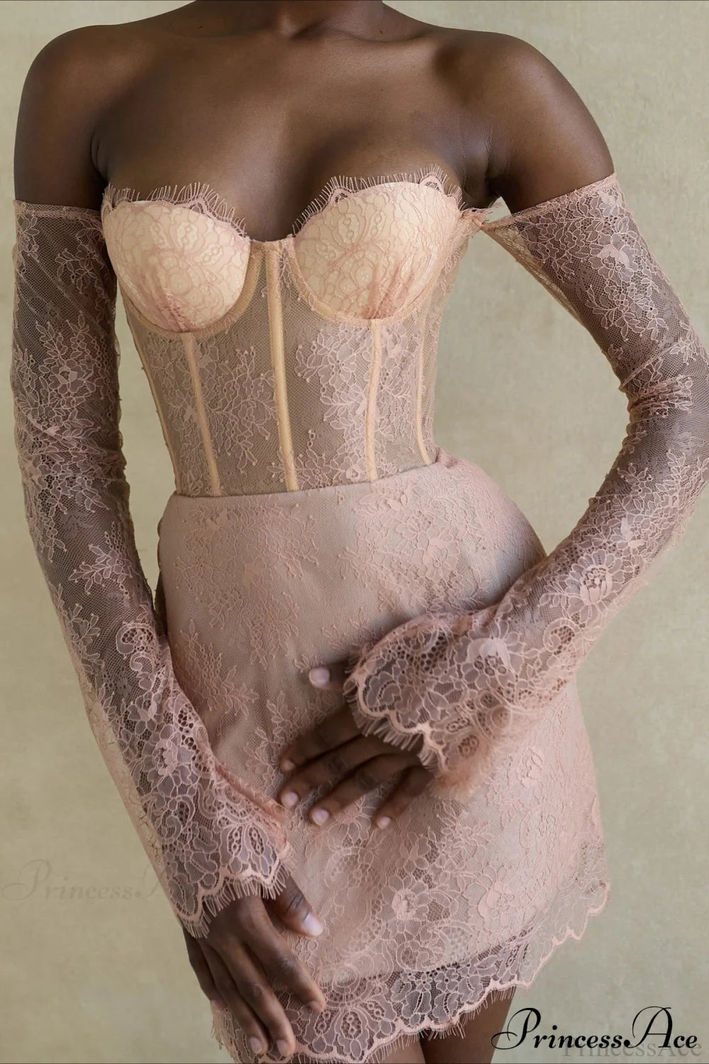 Elegant Sexy Lace Sheer Party Dress Pink / S