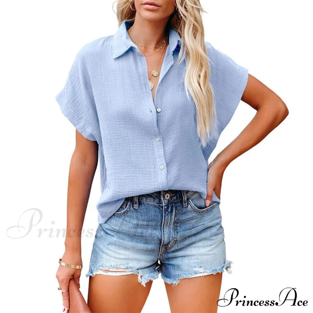 Elegant Short Sleeve Cotton Linen Batwing Blouses Blue / S