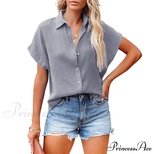 Elegant Short Sleeve Cotton Linen Batwing Blouses Gray / S