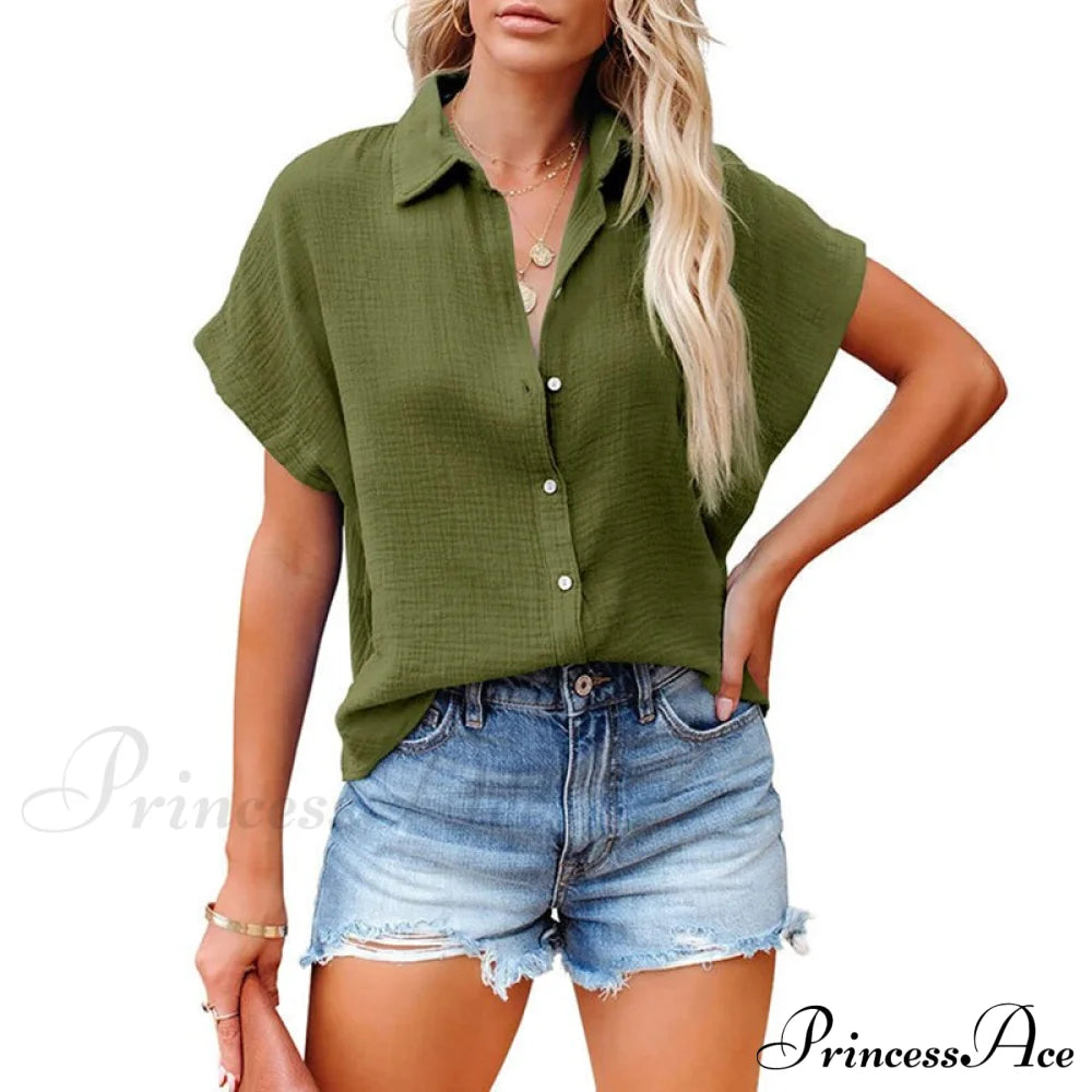 Elegant Short Sleeve Cotton Linen Batwing Blouses Green / S