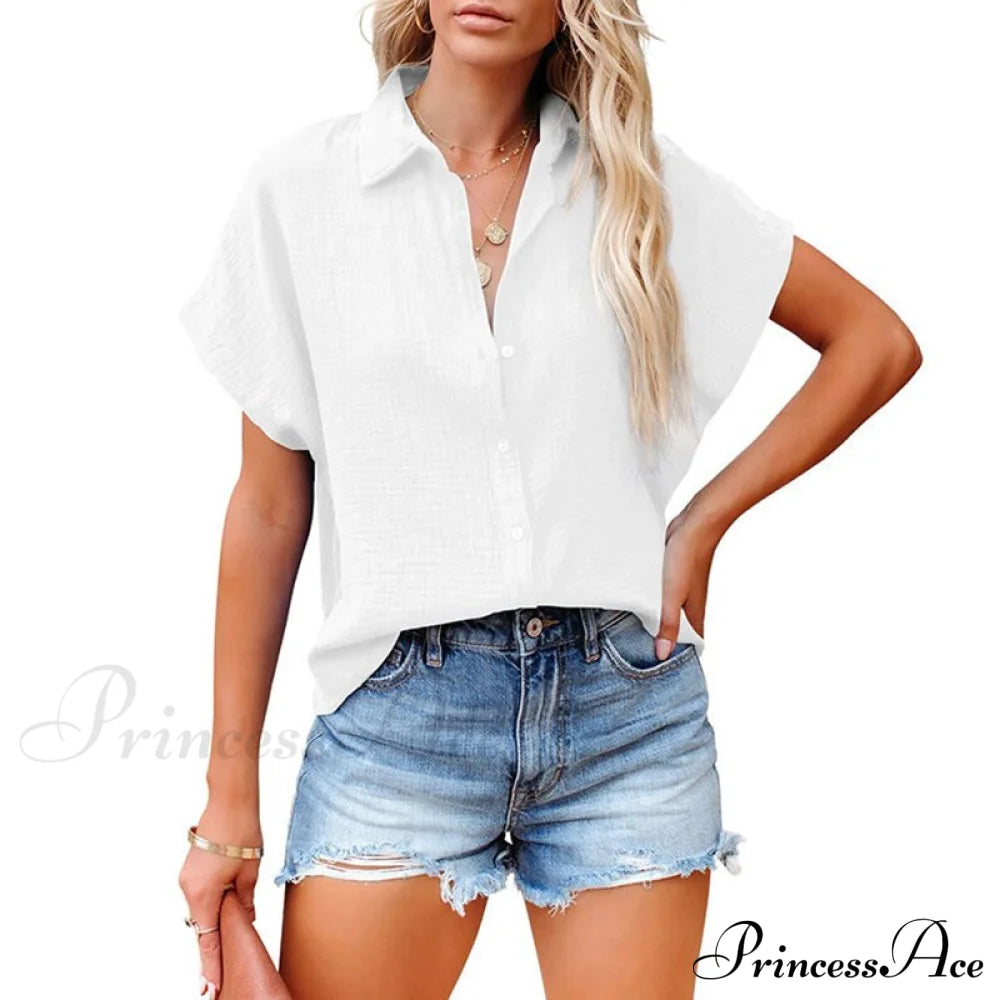 Elegant Short Sleeve Cotton Linen Batwing Blouses White / S