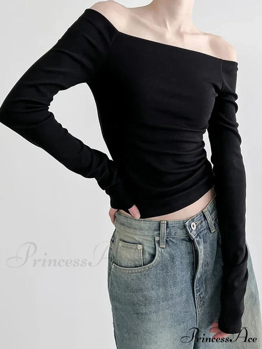 Elegant Slim Sexy Cropped Black Long Sleeve Korean Fall Crop Top