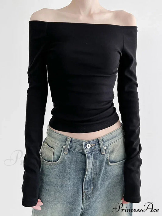 Elegant Slim Sexy Cropped Black Long Sleeve Korean Fall Crop Top