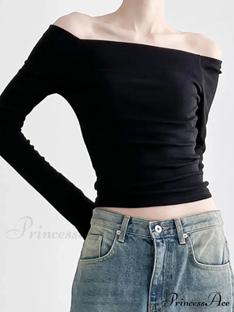 Elegant Slim Sexy Cropped Black Long Sleeve Korean Fall Crop Top