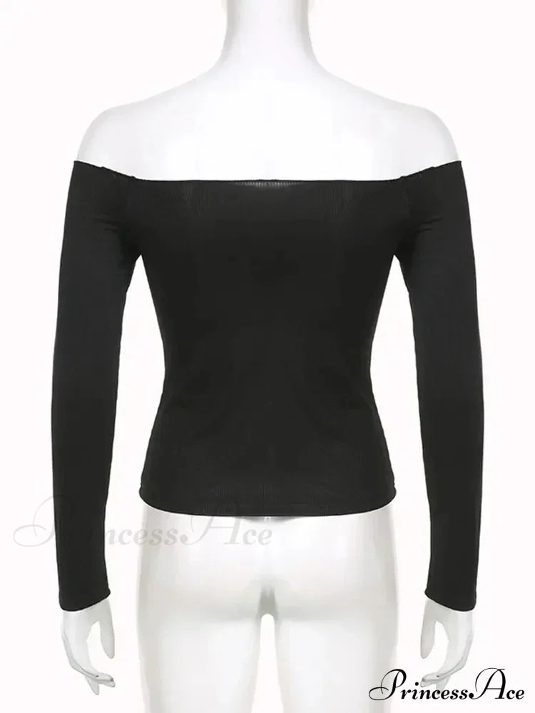 Elegant Slim Sexy Cropped Black Long Sleeve Korean Fall Crop Top