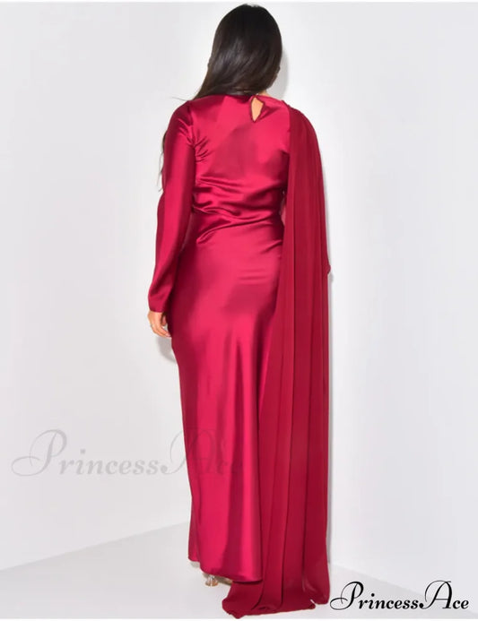 Elegant Solid Color Round Neck High Waist Swing Red Christmas Party Dress Dresses-L