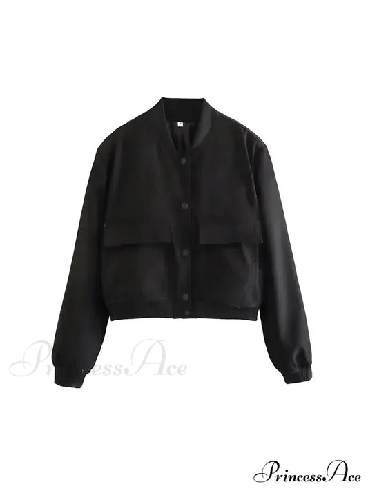 Elegant Solid Single-Breasted Motorcycle Chic Long Sleeves With Pocket Autumn Stylish Coat Black /