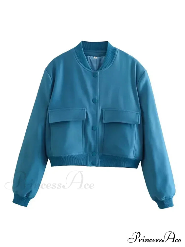 Elegant Solid Single-Breasted Motorcycle Chic Long Sleeves With Pocket Autumn Stylish Coat Blue / S