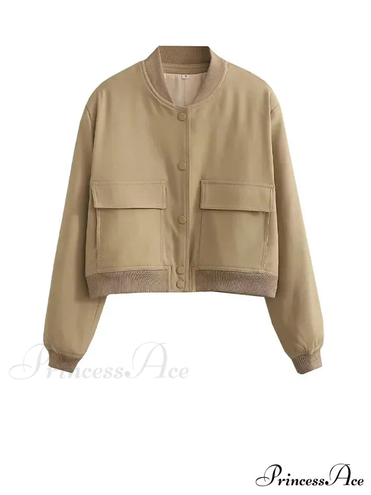 Elegant Solid Single-Breasted Motorcycle Chic Long Sleeves With Pocket Autumn Stylish Coat Khaki /