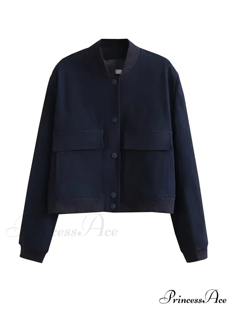 Elegant Solid Single-Breasted Motorcycle Chic Long Sleeves With Pocket Autumn Stylish Coat Navy