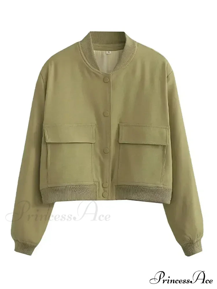 Elegant Solid Single-Breasted Motorcycle Chic Long Sleeves With Pocket Autumn Stylish Coat Olive