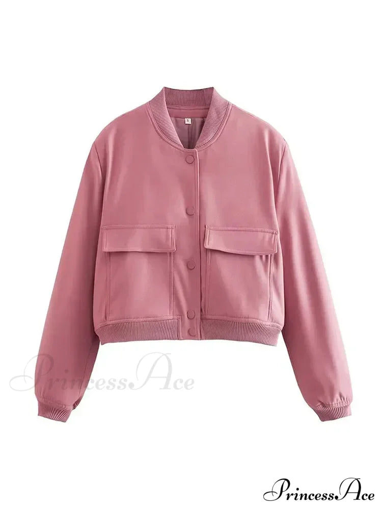 Elegant Solid Single-Breasted Motorcycle Chic Long Sleeves With Pocket Autumn Stylish Coat Pink / S