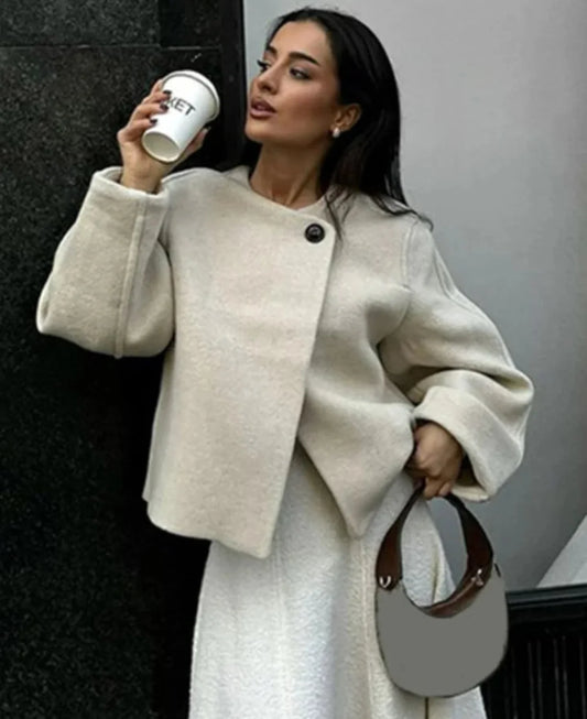 Elegant Solid Wool One Button Overcoat White / S