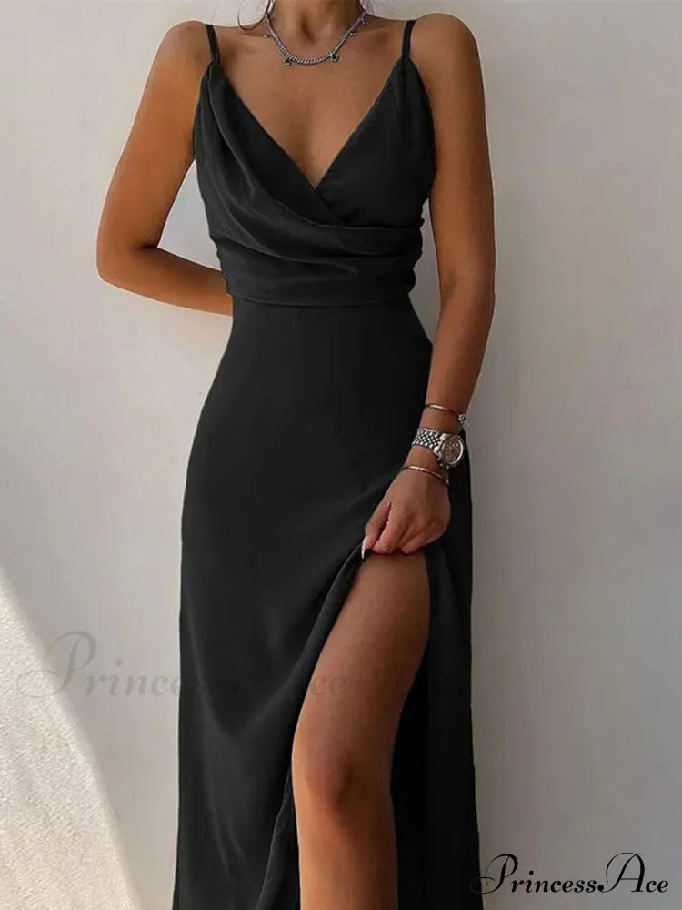 Elegant Spaghetti Strap Charming Pleated Leg Slit Dress Black / S Dresses