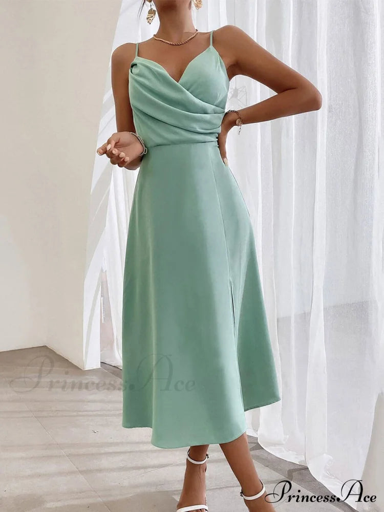 Elegant Spaghetti Strap Charming Pleated Leg Slit Dress Dresses