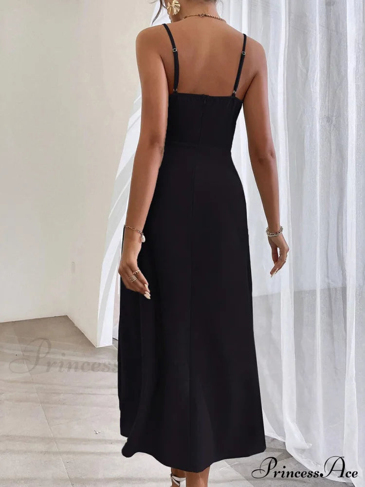 Elegant Spaghetti Strap Charming Pleated Leg Slit Dress Dresses