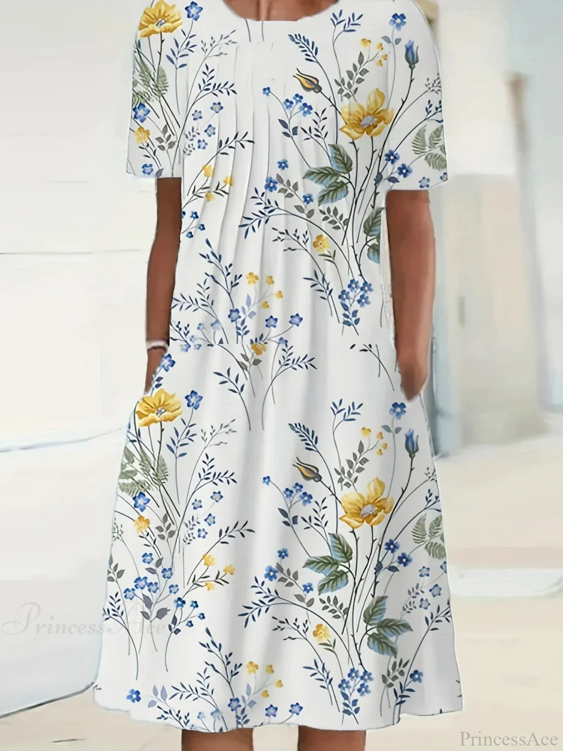 Elegant Spring Summer Round Neck Printed Floral Dress cloro2 / S oldfloraldress-250126