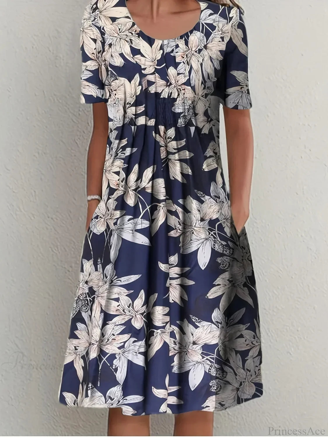 Elegant Spring Summer Round Neck Printed Floral Dress cloro4 / S oldfloraldress-250126