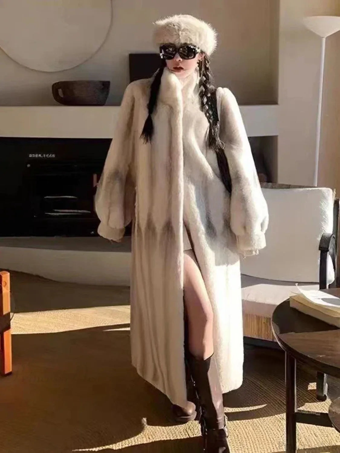 Elegant Standing Collar Faux Fur Mink Overcoat beige 2 / S