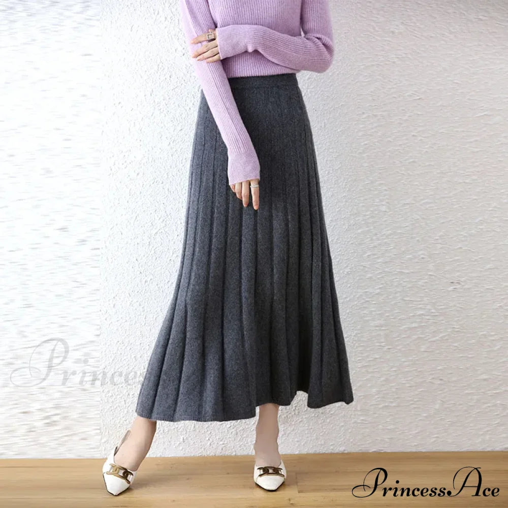 Elegant Thick Warm Pleated Knitted Pure Wool High Waist Trendy Autumn Skirt