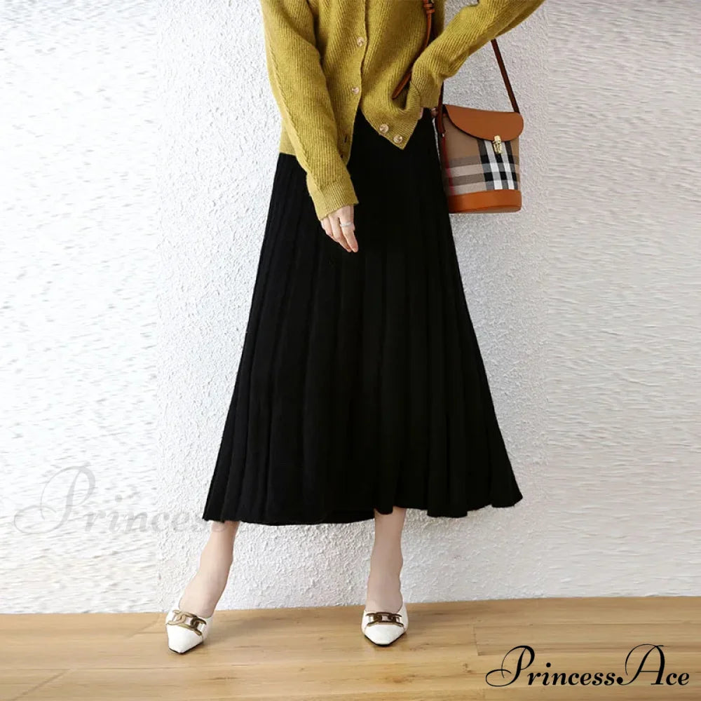 Elegant Thick Warm Pleated Knitted Pure Wool High Waist Trendy Autumn Skirt