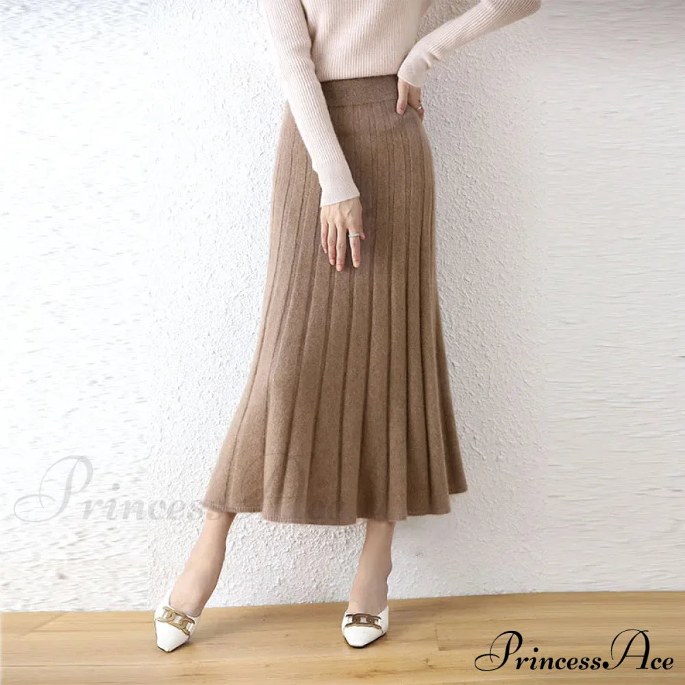 Elegant Thick Warm Pleated Knitted Pure Wool High Waist Trendy Autumn Skirt