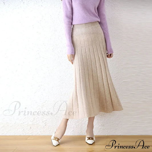 Elegant Thick Warm Pleated Knitted Pure Wool High Waist Trendy Autumn Skirt