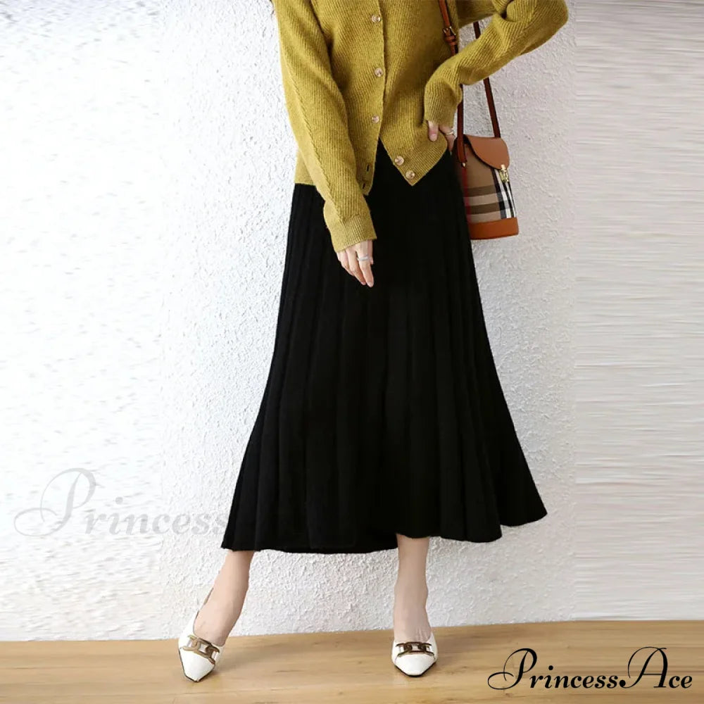 Elegant Thick Warm Pleated Knitted Pure Wool High Waist Trendy Autumn Skirt Black / M