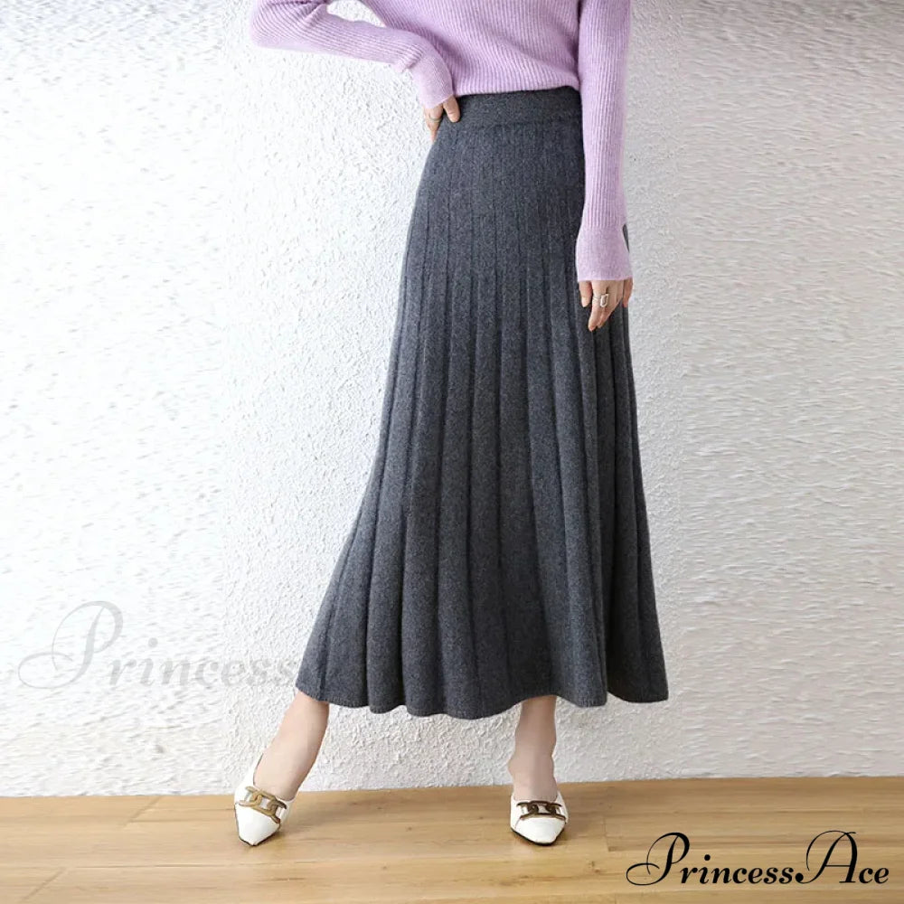 Elegant Thick Warm Pleated Knitted Pure Wool High Waist Trendy Autumn Skirt Dark Grey / M