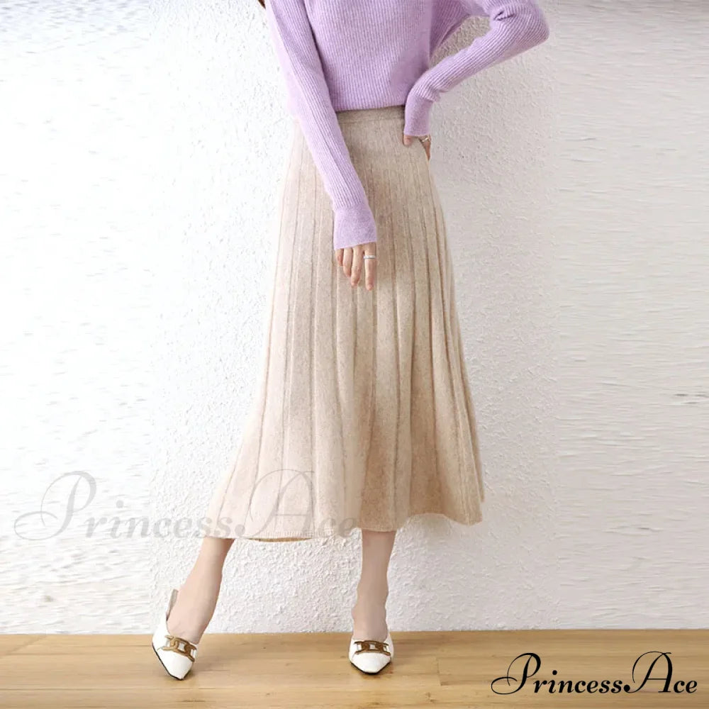 Elegant Thick Warm Pleated Knitted Pure Wool High Waist Trendy Autumn Skirt Milk Camel / M