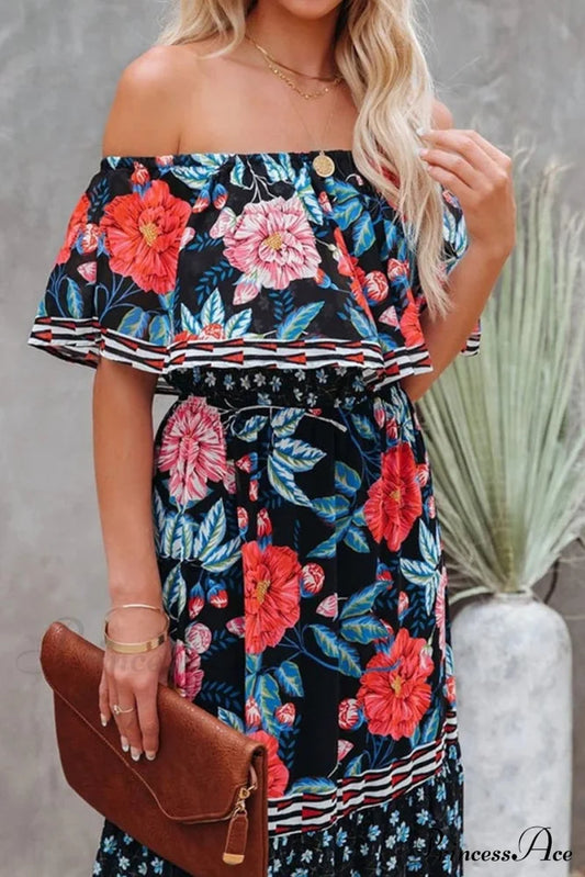 Elegant Tube Top Trendy Three-Color Printed Maxi Dress Black / S