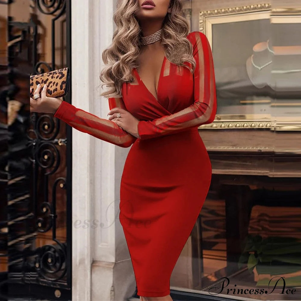 Elegant V Bodycon Sequin Club Party Deep Neck Patchwork With Long Slim Sleeves - Gown Dress Red-02