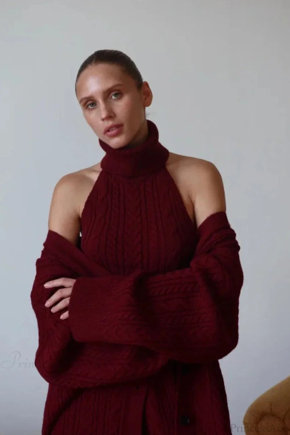 Elegant V-Neck Cable Knit Top Tank Pants Three Piece Set