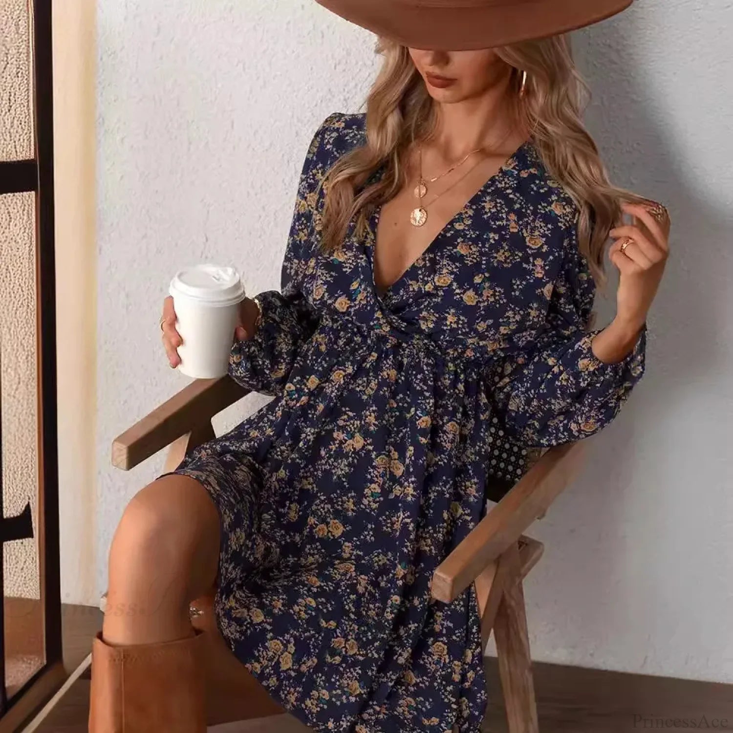 Elegant V-Neck Floral Mini Chiffon Dress floraldress-250126