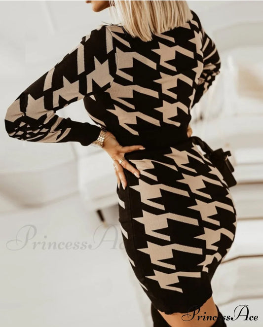Elegant V Neck Print High Waist Long Sleeve Mini Dress For Women S / Khaki Dresses