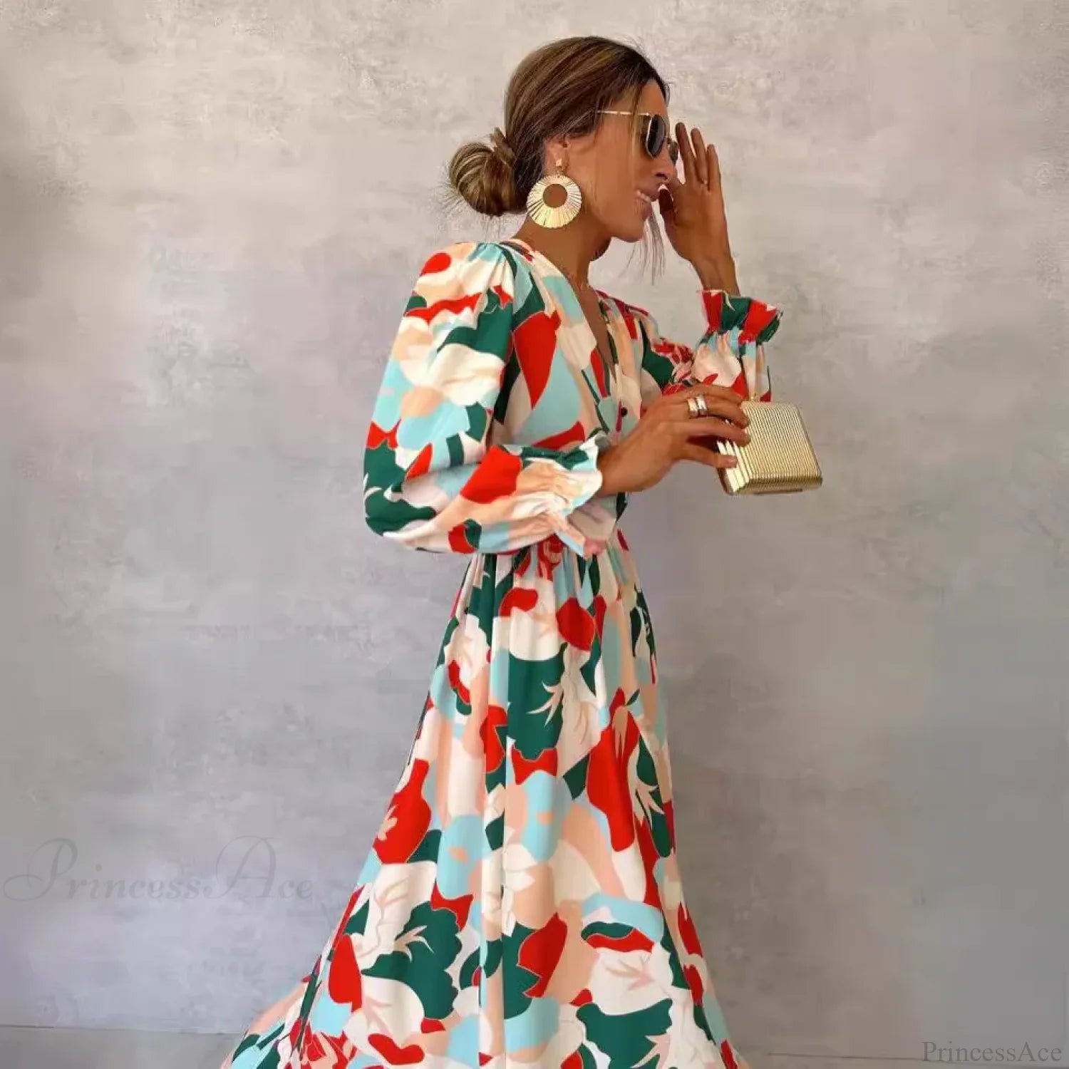 Elegant V-neck Printed Floral Dress oldfloraldress-250126