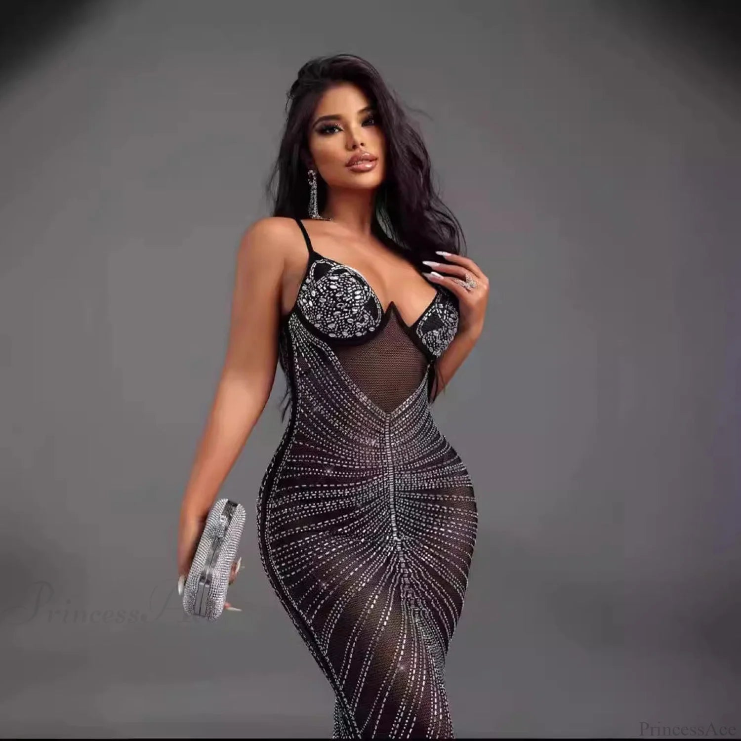 Elegant V-neck Rhinestone Sparkling Backless Prom Dress apricot / S promdress-250223