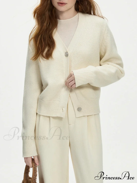 Elegant V-Neck Wool Knitted Cardigan Cardigan-241208