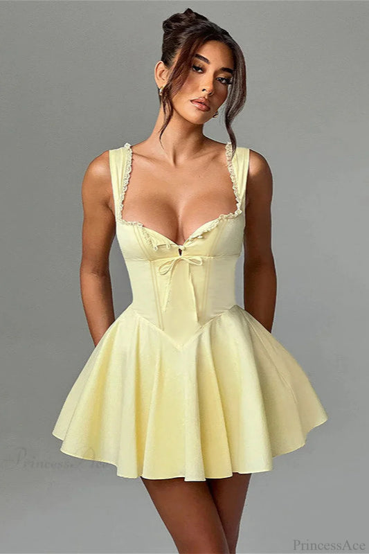 Elegant Waist Slim A Line Sexy Mini Dress Yellow / XS