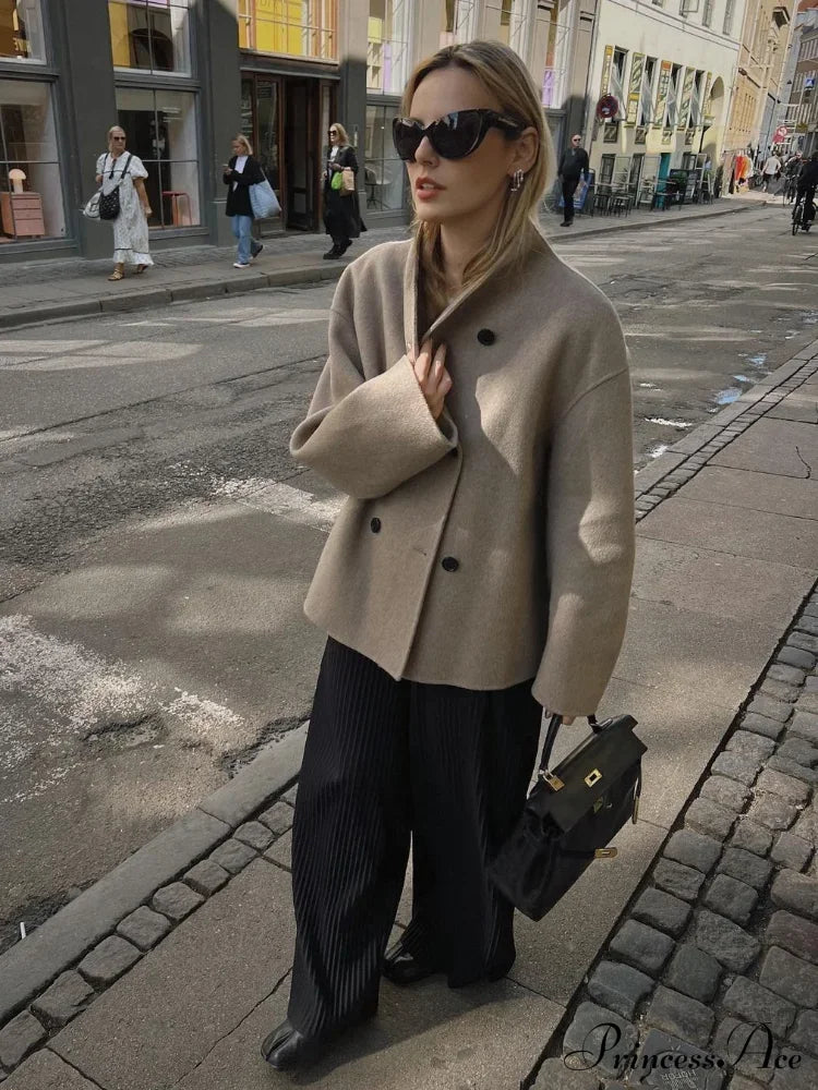 Elegant Warm Solid Woolen Cropped Stand Collar Double Breasted Long Sleeves Stylish Coat Coats-L