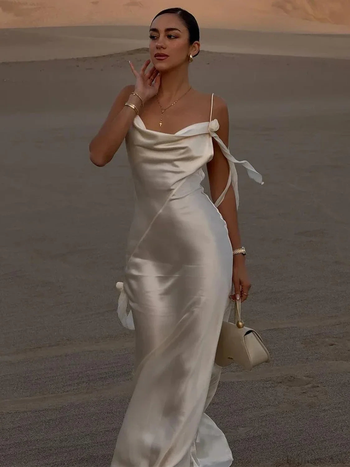 Elegant White Satin Maxi Vacation Dress vacationdress-250223