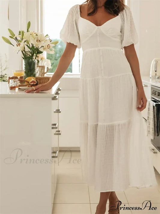 Elegant Women A-Line Short Puff Sleeve V Neck Back Tie-Up Knotted Summer Party Female Vestidos