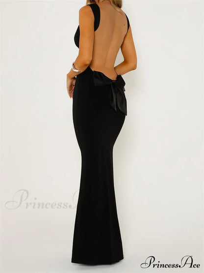 Elegant Women Bow Patchwork Sleeveless V-Neck Low Cut Backless Solid Cocktail Party Formal Vestidos