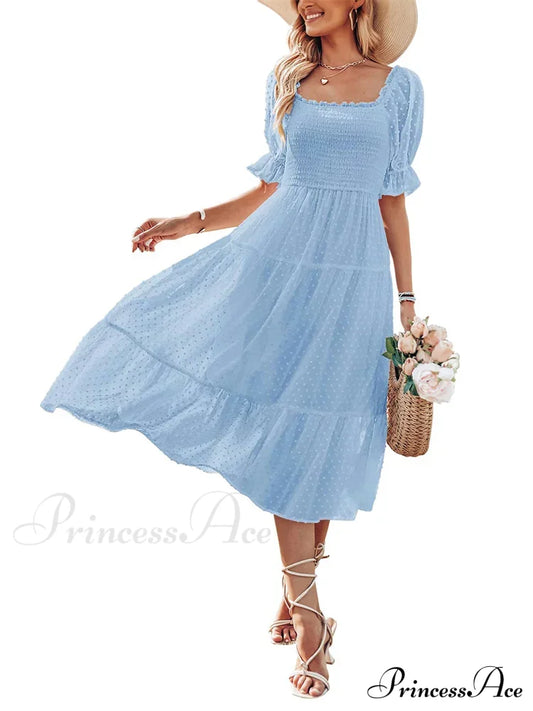 Elegant Women Chiffon Summer Mesh Short Puff Sleeve Square Neck Dot Pattern Stretch Ruched