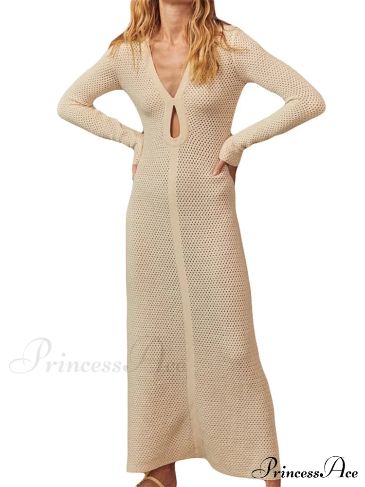 Elegant Women Knitted Sleeve Deep V Neck Front Hollow Out Solid Color Slim Beach Vestidos