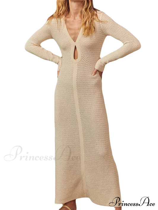 Elegant Women Knitted Sleeve Deep V Neck Front Hollow Out Solid Color Slim Beach Vestidos Beige / S