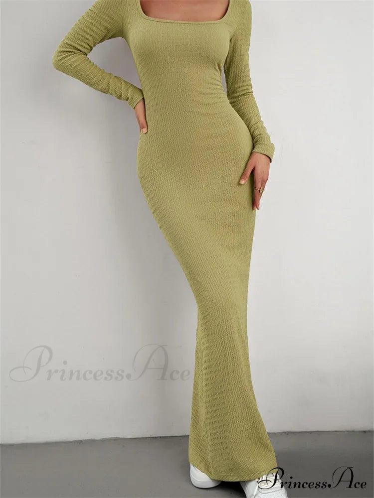 Elegant Women Knitted Sleeve Square Neck Solid Slim Fit Spring Autumn Cocktail Female Vestidos