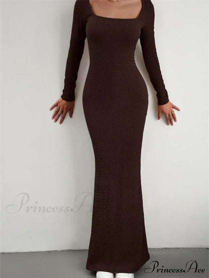 Elegant Women Knitted Sleeve Square Neck Solid Slim Fit Spring Autumn Cocktail Female Vestidos